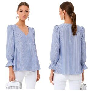 Tuckernuck Blue White Striped Blouse Smocked Sleeve V Neck Top Small